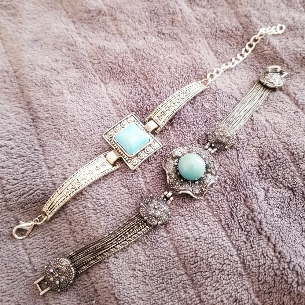 Two Silver-Tone Women's Bracelet with Light Turquoise Cabochons